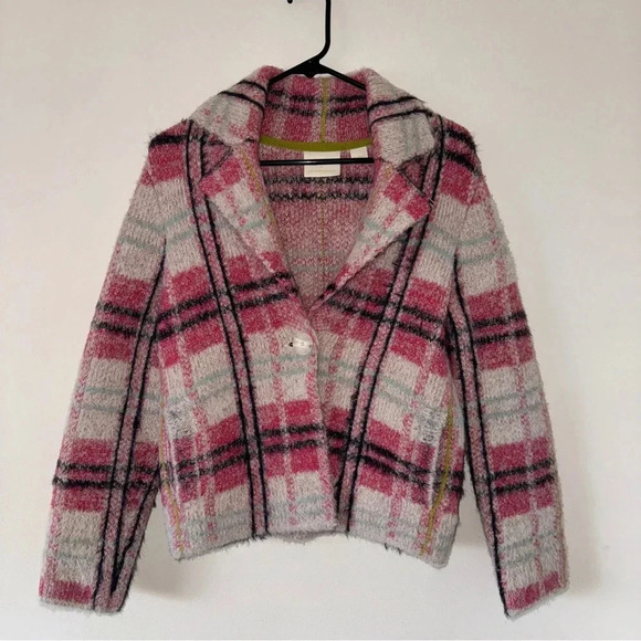 Anthropologie MAEVE Pink Plaid AURELIA SWEATER JACKET CARDIGAN XS - Picture 4 of 11